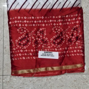 White & Red Cotton Bandhani Print Saree